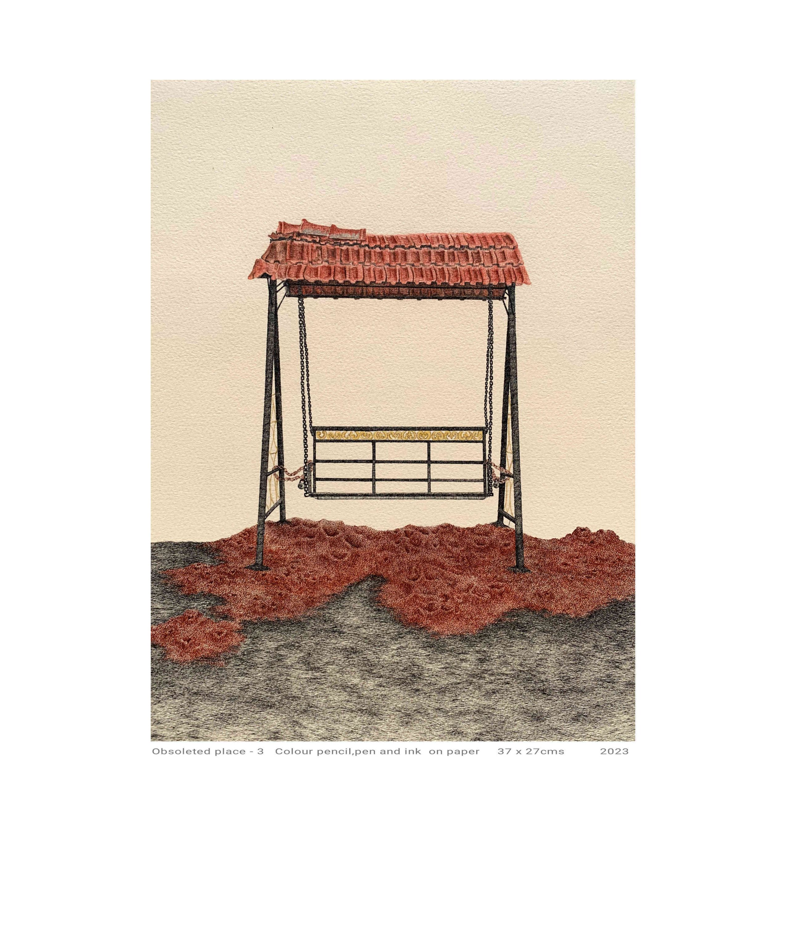 obsoleted place -3, colour pencil, pen and ink on paper